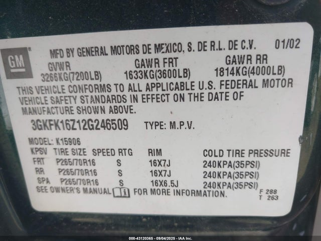 Aukcja sprzedaży 2002 Gmc Yukon Xl 1500 Slt, vin: 3GKFK16Z12G246509, numer aukcji: 43120365