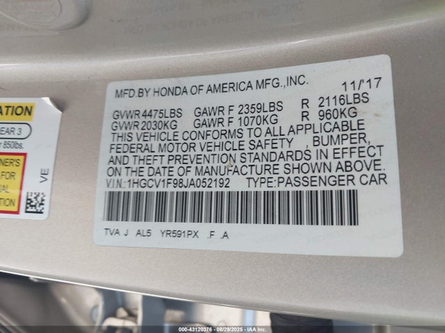 1HGCV1F98JA052192 Honda l15be