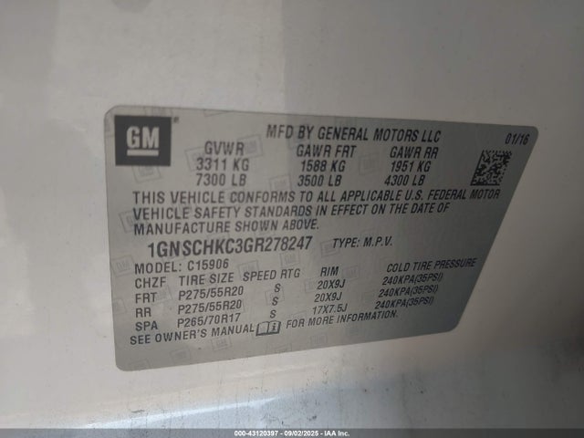 43120397 :رقم المزاد ، 1GNSCHKC3GR278247 vin ، 2016 Chevrolet Suburban Lt مزاد بيع