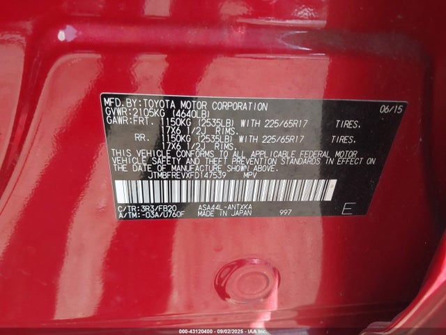 Toyota 2ar-fe 2015 JTMBFREVXFD147539 Image 9