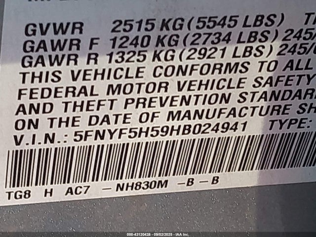 Honda j35y6 2017 5FNYF5H59HB024941 Image 9