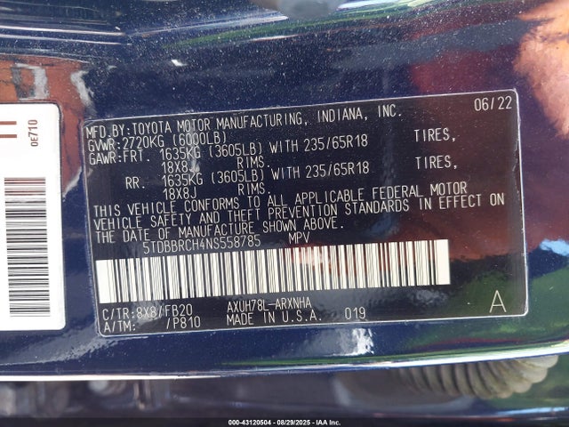 2022 TOYOTA HIGHLANDER 5TDBBRCH4NS558785 Photo 8