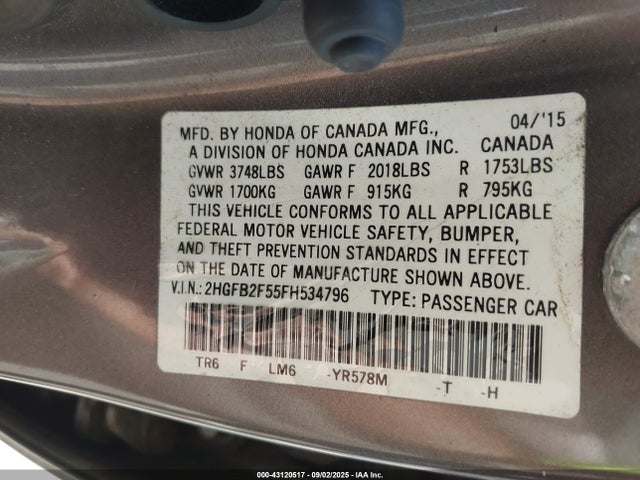2HGFB2F55FH534796 Honda r18z1