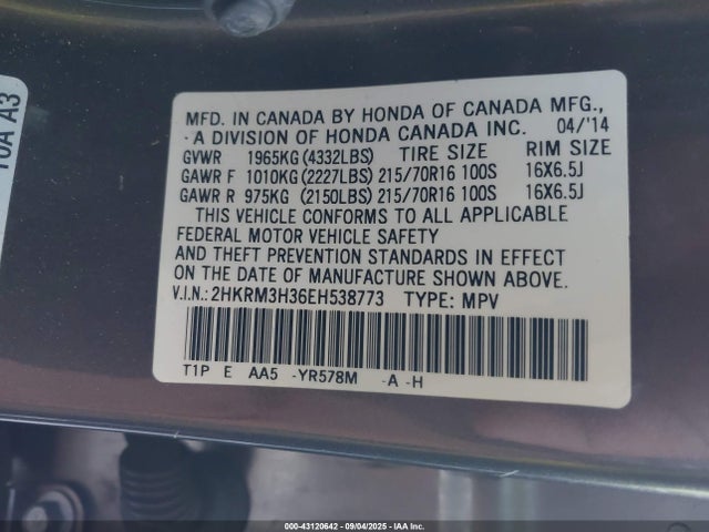 2HKRM3H36EH538773 Honda k24z7