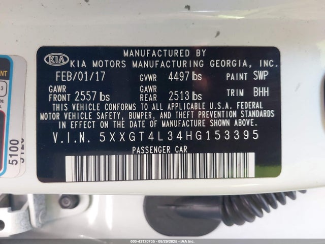 Продажа на аукционе авто 2017 Kia Optima Lx, vin: 5XXGT4L34HG153395, номер лота: 43120705
