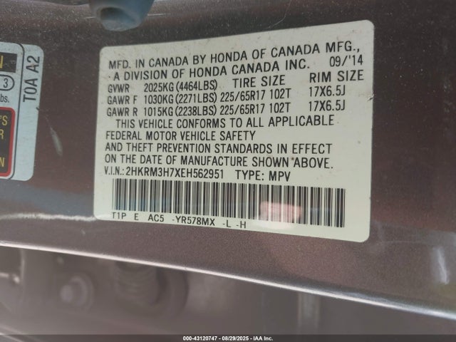 2HKRM3H7XEH562951 Honda k24z7