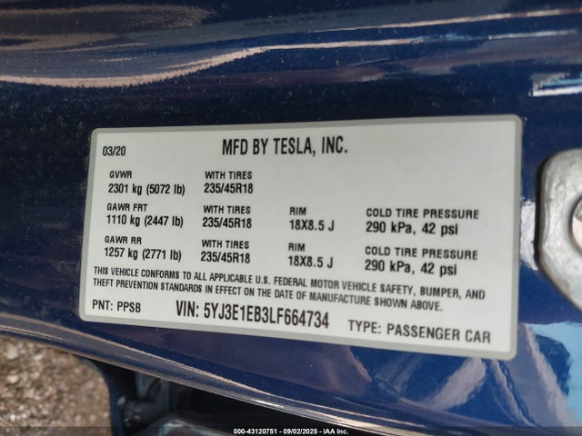 Продаж на аукціоні авто 2020 Tesla Model 3 Long Range Dual Motor All-wheel Drive, vin: 5YJ3E1EB3LF664734, номер лоту: 43120751