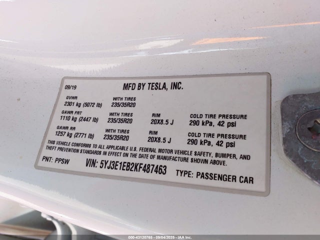 Продажа на аукционе авто 2019 Tesla Model 3 Long Range/performance, vin: 5YJ3E1EB2KF487463, номер лота: 43120765
