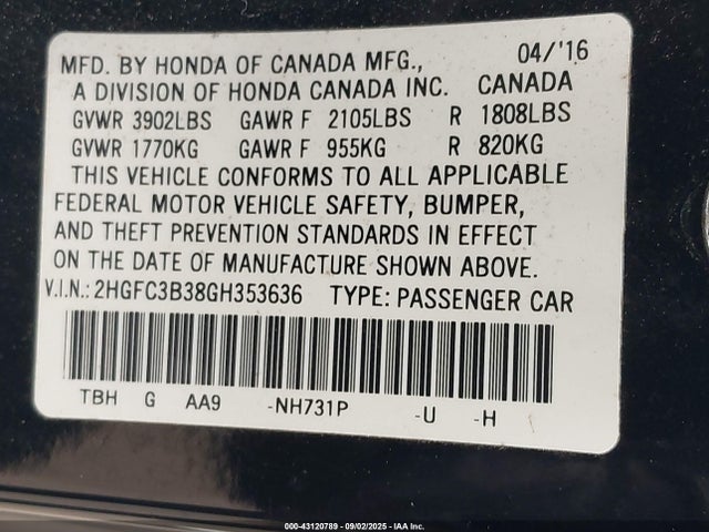Honda l15b7 2016 2HGFC3B38GH353636 Image 9