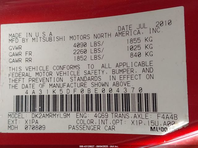 2011 MITSUBISHI ECLIPSE 4A31K5DF0BE004370 Photo 8