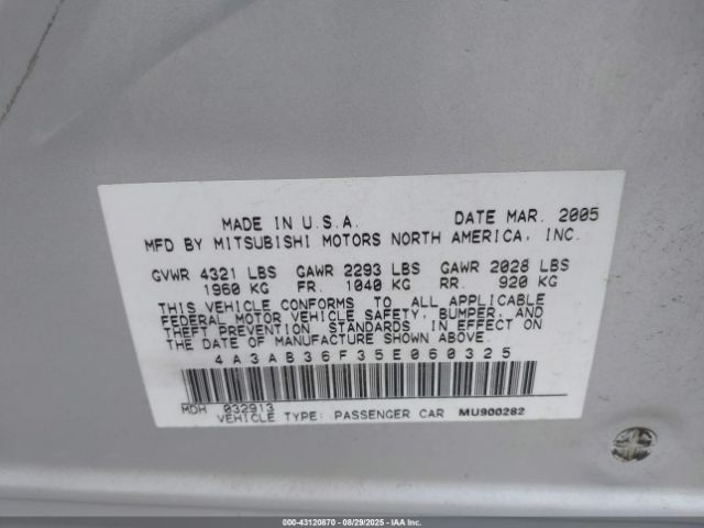 2005 MITSUBISHI GALANT 4A3AB36F35E060325 Photo 8