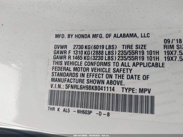 Aukcja sprzedaży 2019 Honda Odyssey Elite, vin: 5FNRL6H98KB041114, numer aukcji: 43120900