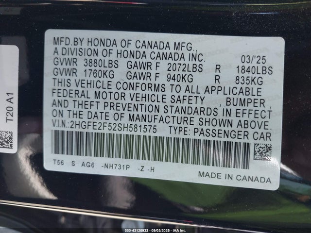 Honda k20c9 2025 2HGFE2F52SH581575 Image 9