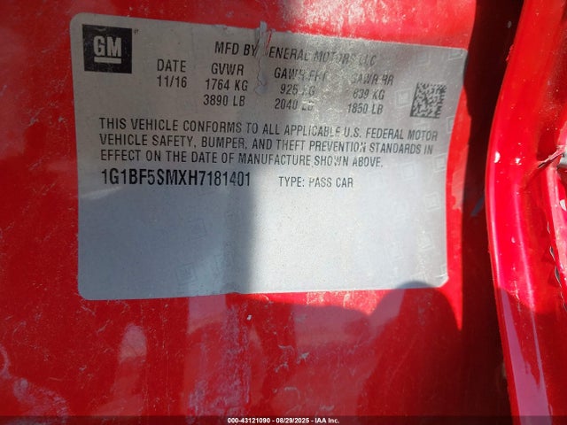 1G1BF5SMXH7181401 Chevrolet le2 -di: direct injection, vvt: variable valve timing, gen, alum