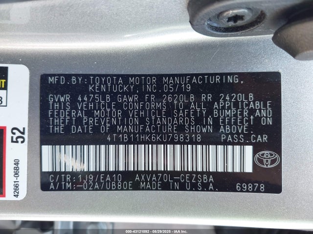 4T1B11HK6KU798318 Toyota a25a-fks
