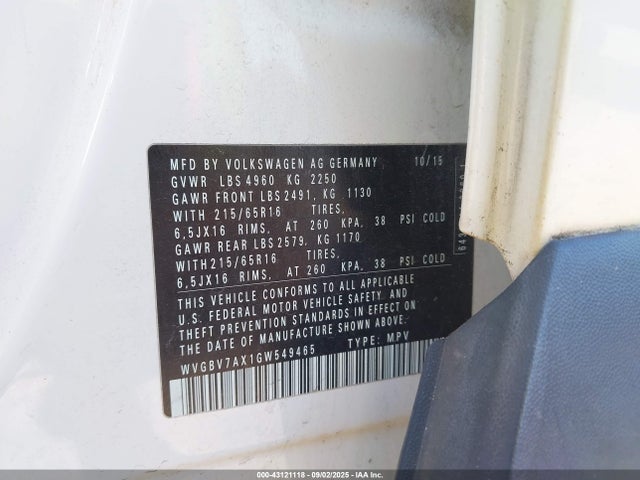 WVGBV7AX1GW549465 Volkswagen TIGUAN S
