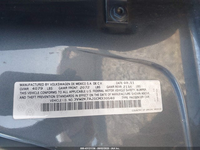 2012 Volkswagen Jetta 2.0l S მანქანა იყიდება აუქციონზე, vin: 3VW2K7AJ1CM330540, აუქციონის ნომერი: 43121136