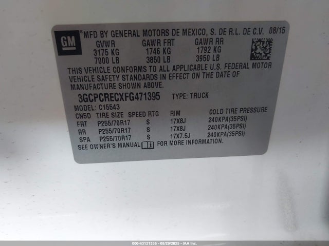 3GCPCRECXFG471395 Chevrolet l83 - vvt, active fuel management, aluminum