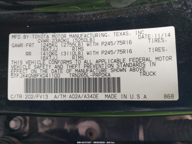 5TFJX4GN8FX041100 Toyota 2tr-fe