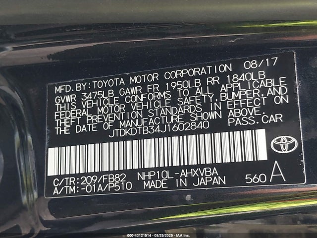 JTDKDTB34J1602840 Toyota 1nz-fxe+1lm
