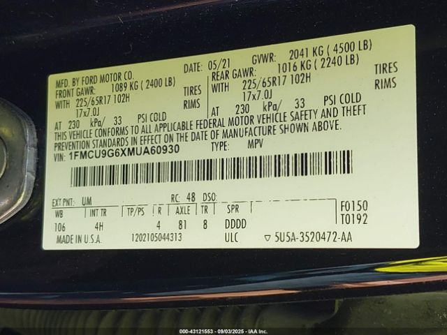 2021 FORD ESCAPE 1FMCU9G6XMUA60930 Photo 8