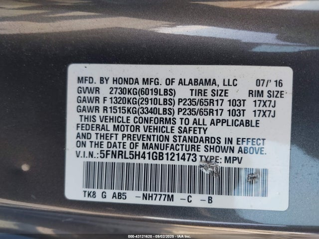 5FNRL5H41GB121473 Honda j35z8