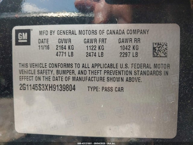 2G1145S3XH9139804 Chevrolet lfx - sidi: spark ignited direct injection, vvt, e85 max, alum