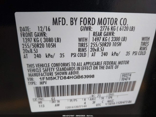 1FM5K7D84HGB63998 Ford 3.5l ti-vct