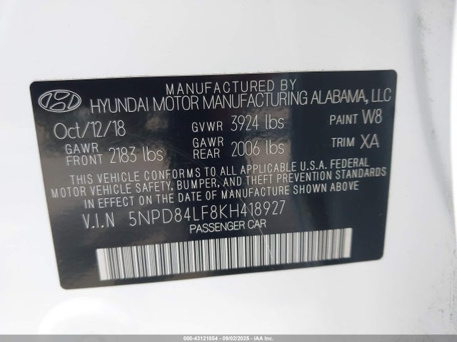 5NPD84LF8KH418927 Hyundai mpi nu