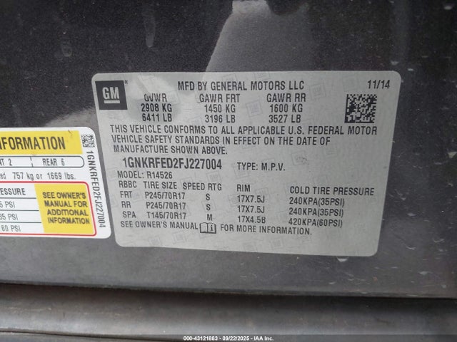 Продажа на аукционе авто 2015 Chevrolet Traverse Ls, vin: 1GNKRFED2FJ227004, номер лота: 43121883
