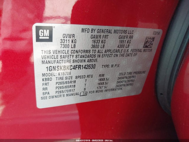 1GNSKBKC4FR142630 Chevrolet l83 - vvt, active fuel management, aluminum