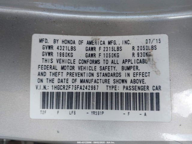 Honda k24w1 2015 1HGCR2F75FA242967 Image 9