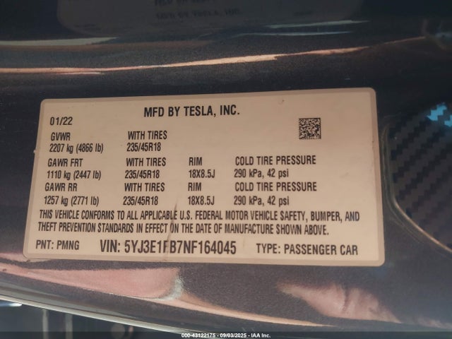 2022 TESLA MODEL 3 5YJ3E1EB7NF164045 Photo 8
