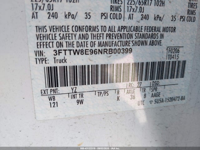 43122319 :رقم المزاد ، 3FTTW8E96NRB00399 vin ، 2022 Ford Maverick Xl مزاد بيع