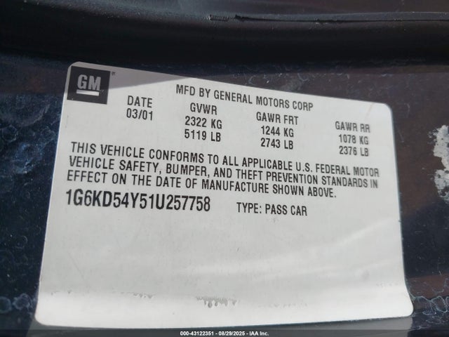 2001 CADILLAC DEVILLE 1G6KD54Y51U257758 Photo 8