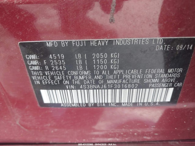 4S3BNAJ61F3016802 Subaru 2.5l u5