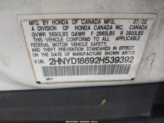 2002 ACURA MDX 2HNYD18692H539392 Photo 8