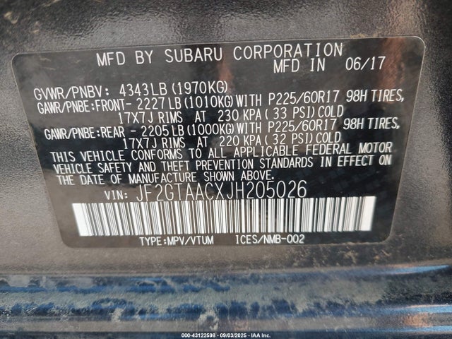 Продаж на аукціоні авто 2018 Subaru Crosstrek 2.0i, vin: JF2GTAACXJH205026, номер лоту: 43122598