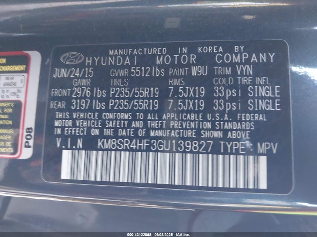 2016 Hyundai Santa Fe Se მანქანა იყიდება აუქციონზე, vin: KM8SR4HF3GU139827, აუქციონის ნომერი: 43122868