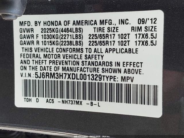 2013 HONDA CR-V 5J6RM3H7XDL001329 Photo 8