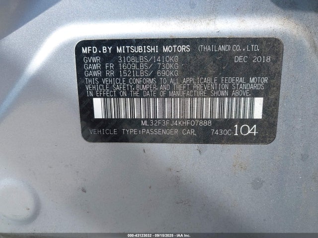 Продаж на аукціоні авто 2019 Mitsubishi Mirage G4 Es, vin: ML32F3FJ4KHF07888, номер лоту: 43123032