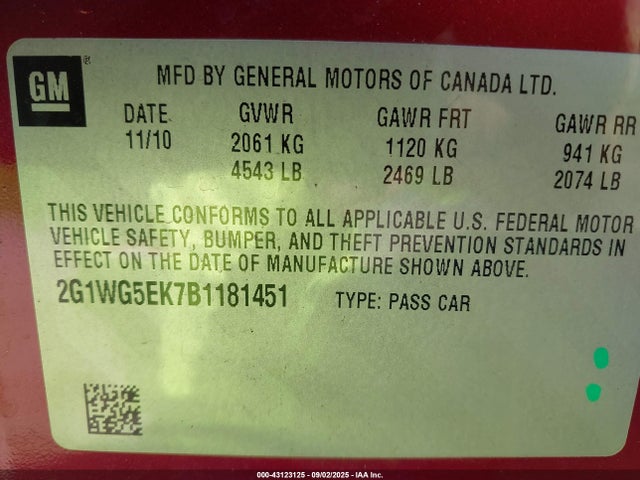 Aukcja sprzedaży 2011 Chevrolet Impala Lt, vin: 2G1WG5EK7B1181451, numer aukcji: 43123125