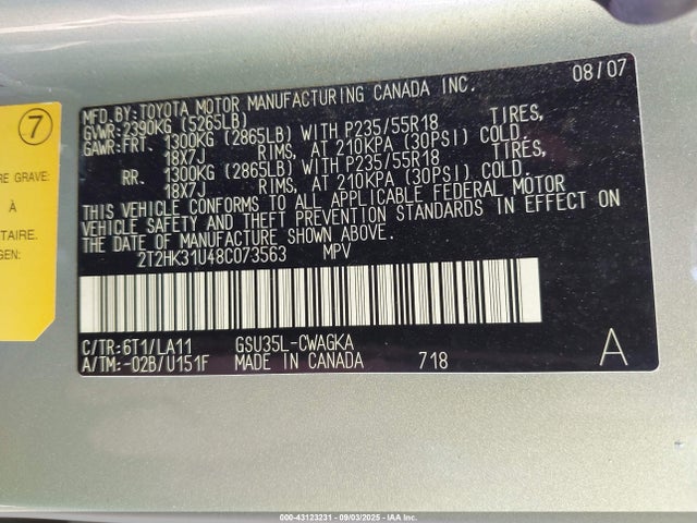 43123231 :رقم المزاد ، 2T2HK31U48C073563 vin ، 2008 Lexus Rx 350 مزاد بيع