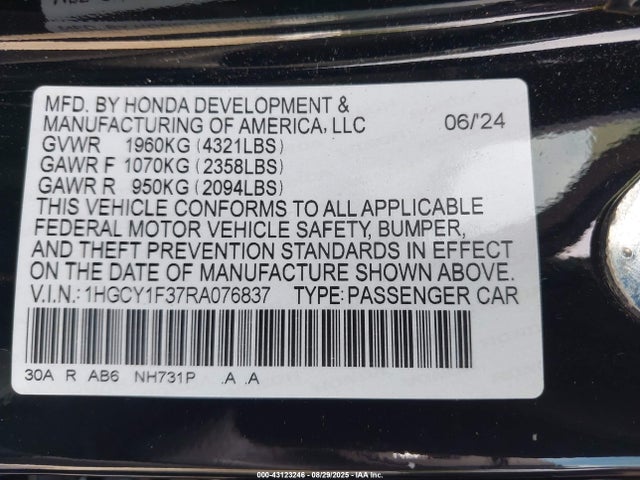 1HGCY1F37RA076837 Honda l15be