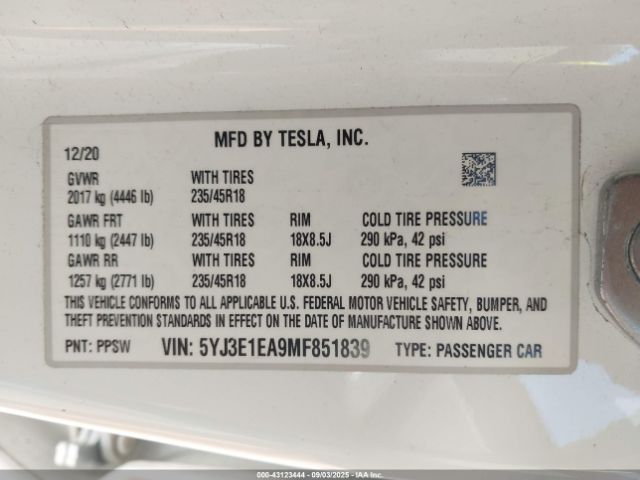 2021 TESLA MODEL 3 5YJ3E1EA9MF851839 Photo 8