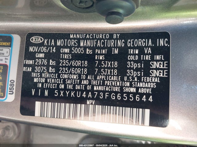 5XYKU4A73FG655644 KIA gasoline 3.3 v6 gdi lambda ii