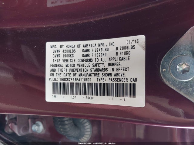 Honda k24w1 2015 1HGCR2F36FA115531 Image 9