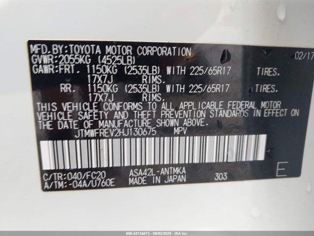 Toyota 2ar-fe 2017 JTMWFREV2HJ130675 Image 9