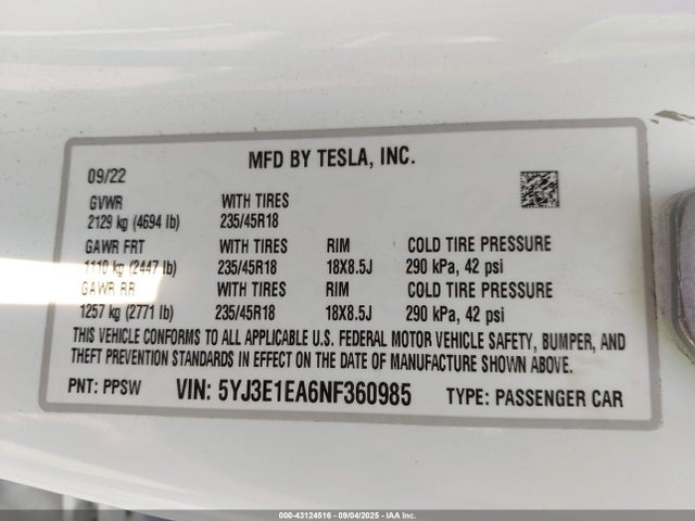 2022 TESLA MODEL 3 5YJ3E1EA6NF360985 Photo 8