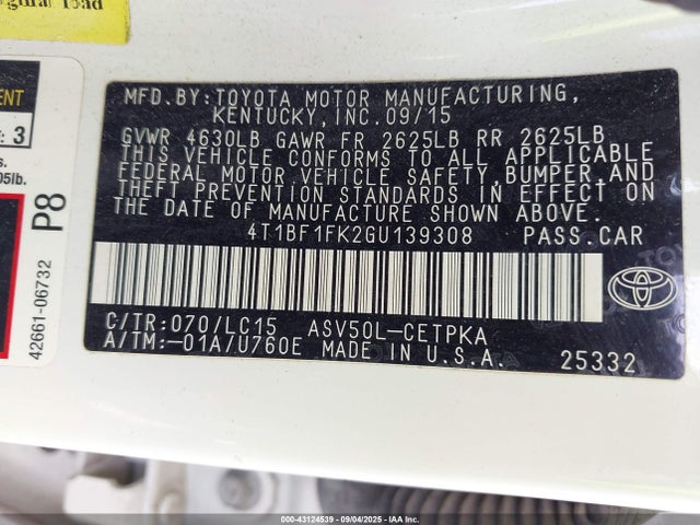 4T1BF1FK2GU139308 Toyota 2ar-fe